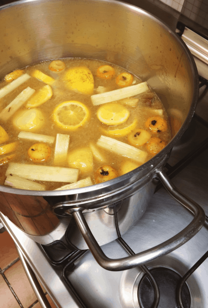 Mexican ponche navideño, Mexican Christmas punch with oranges, sugar cane, guavas, tejocotes and cinnamon