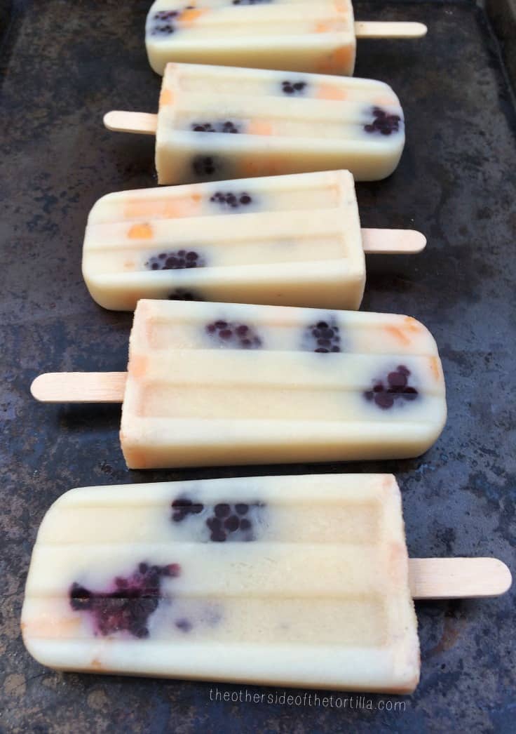 Horchata popsicles with cantaloupe and blackberries | Get more Mexican recipes on theothersideofthetortilla.com