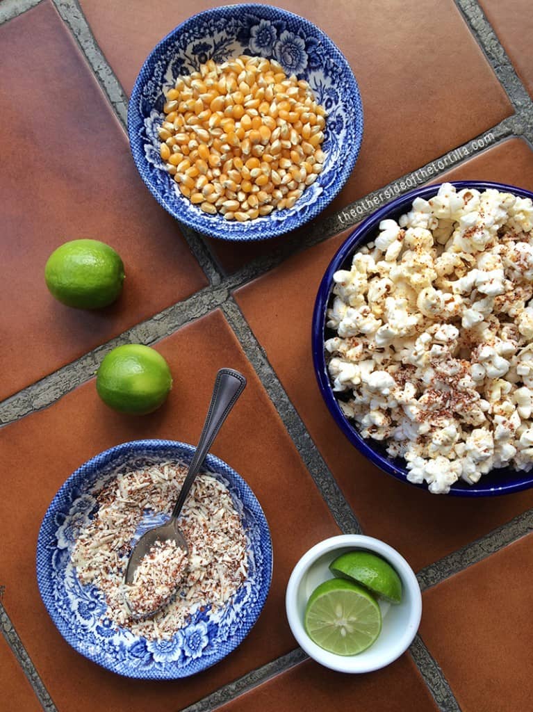 Ingredients to make Mexican-style cotija and chile-spiced popcorn 