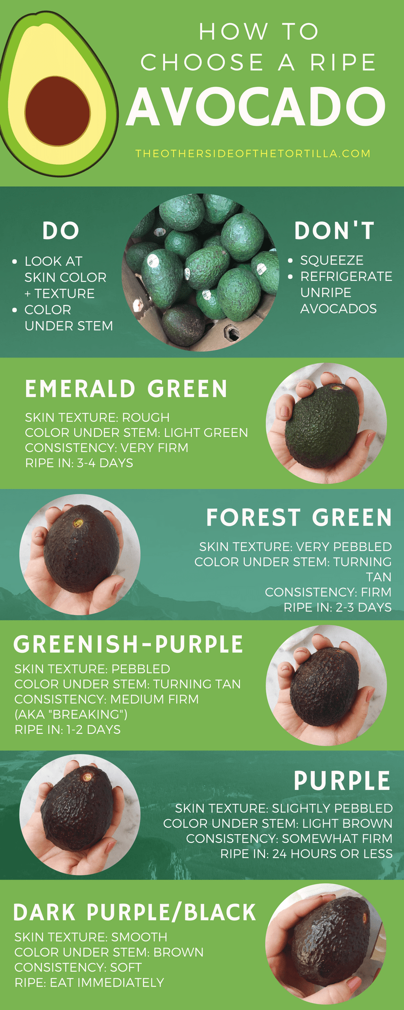 A guide on how to choose ripe avocados every time, via theothersideofthetortilla.com