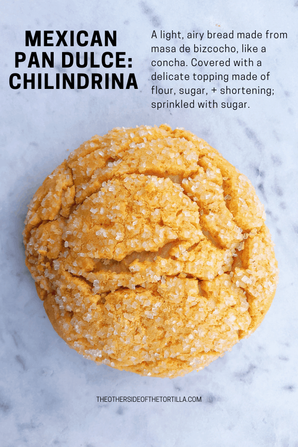 The chilindrina is a type of Mexican pan dulce with a light, airy bread made from masa de bizcocho, like a concha. Covered with a delicate topping made of flour, sugar, + shortening; sprinkled with sugar. More pan dulce at theothersideofthetortilla.com