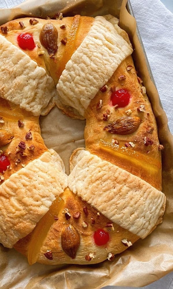 Mexican rosca de reyes on a baking sheet