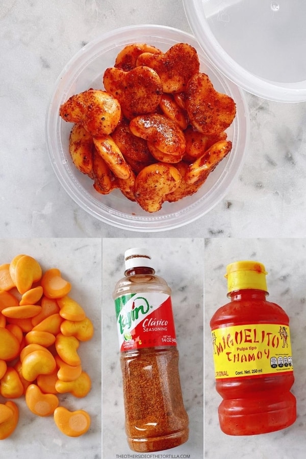 collage of spicy mango gummies inside a plastic round container on top of a white marble surface, with images of mango gummies, Tajín and miguelito chamoy as the ingredients below