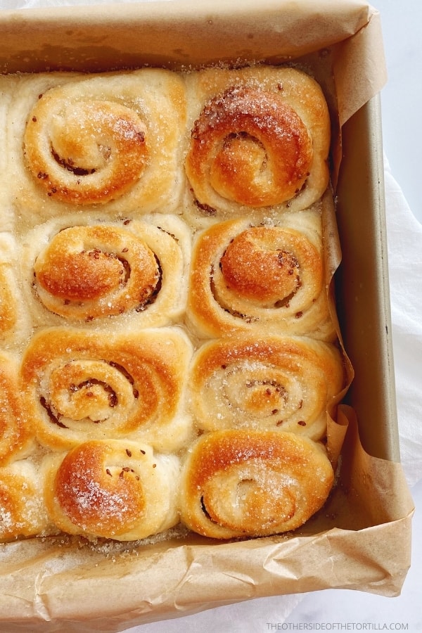 Mexican anise rolls in a square baking pan, topped with sugar