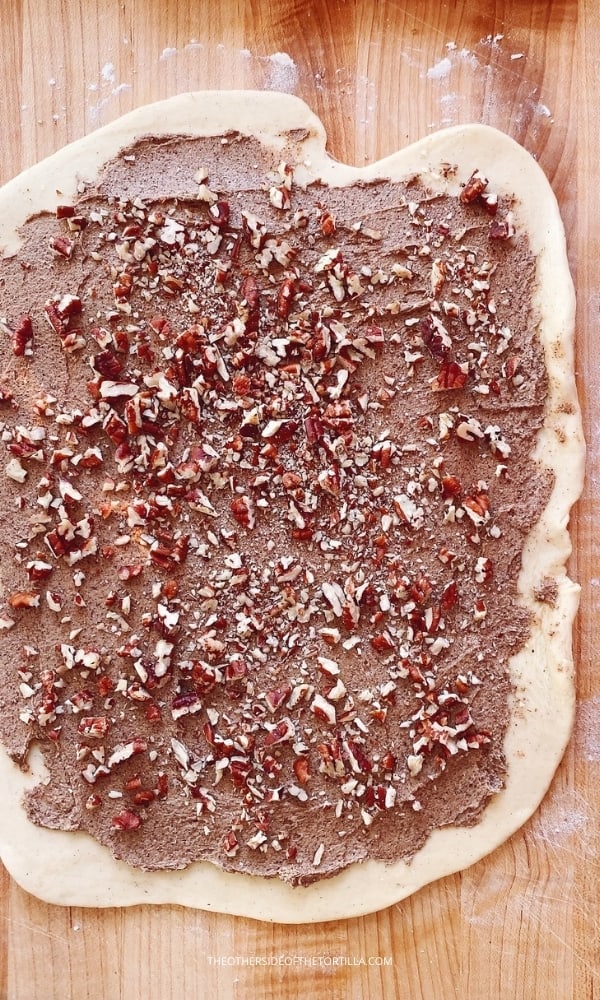 Cinnamon roll dough spread with cinnamon sugar butter filling and sprinkled with chopped pecans