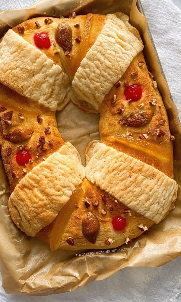 Mexican rosca de reyes on a baking sheet 