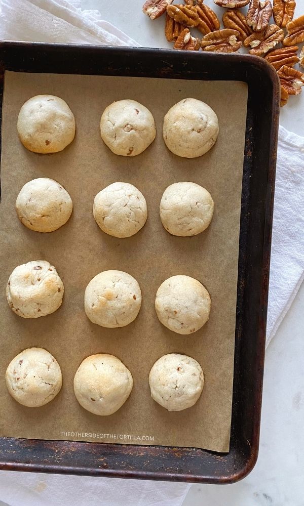 Mexican wedding cookies cooling after baking on a a baking sheet, surrounded by pecans