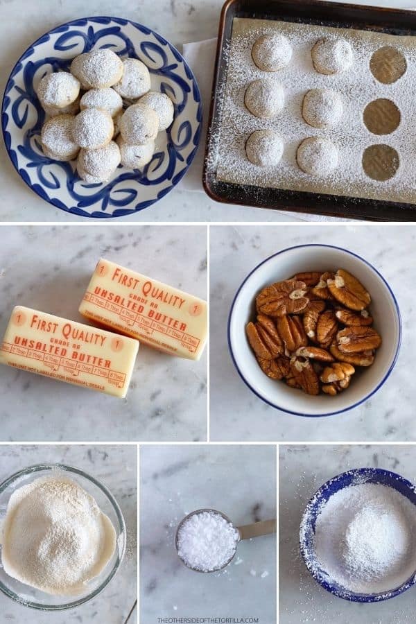 Ingredients to make Mexican wedding cookies from top: finished cookies, butter, pecans, flour, salt, powdered sugar